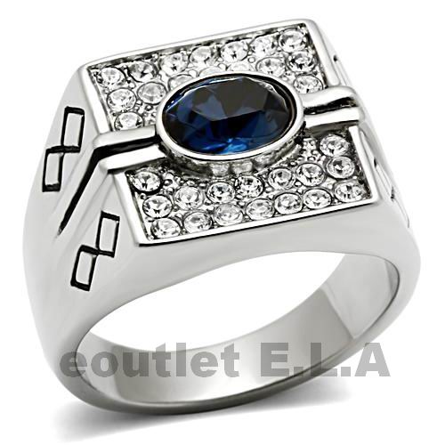 CLUSTER BLUE SWAROVSKI CRYSTALS STAINLESS STEEL MENS RING-3sizes